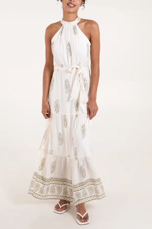 Cream withGold Thread Halter neck Maxi Dress