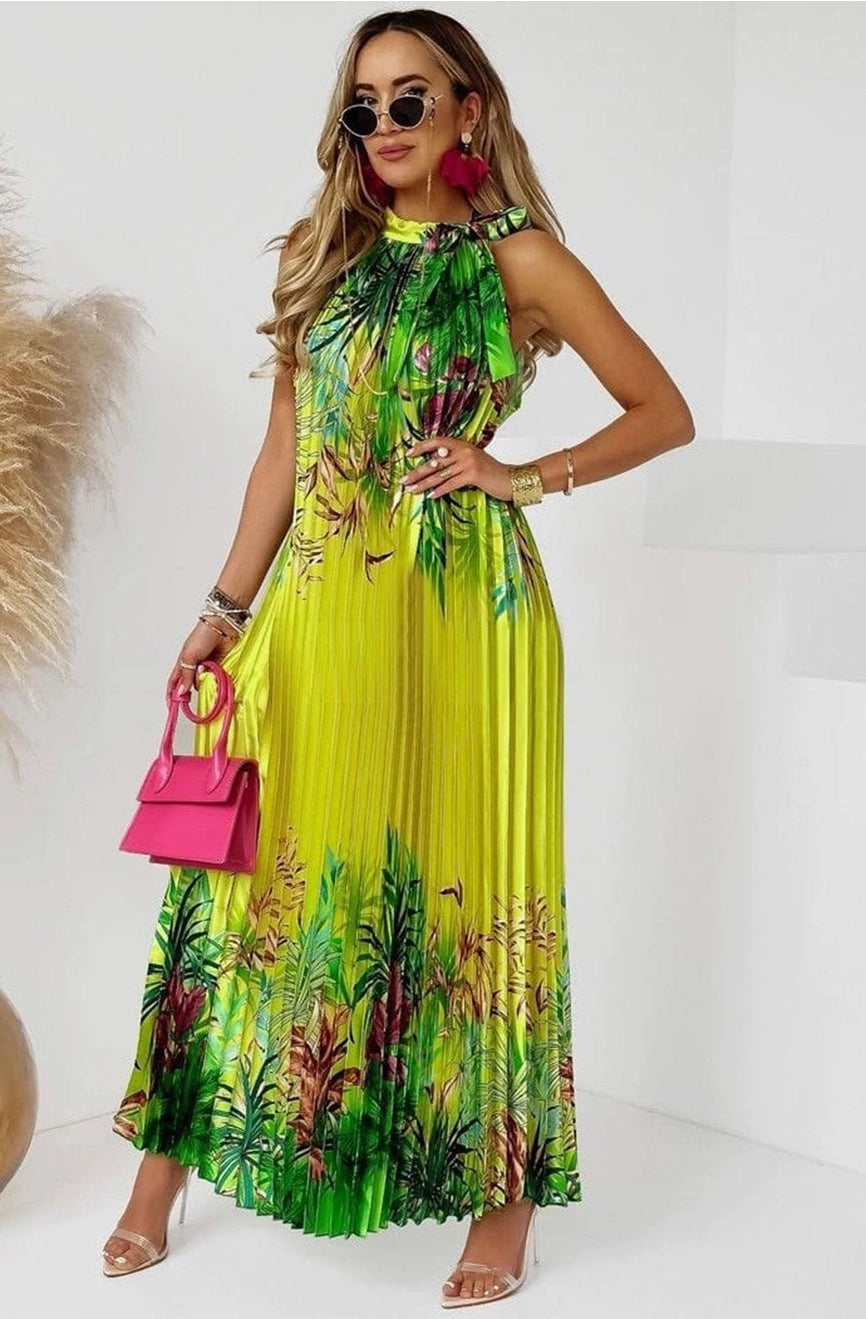 Lime Green Floral Plisse Maxi Dress