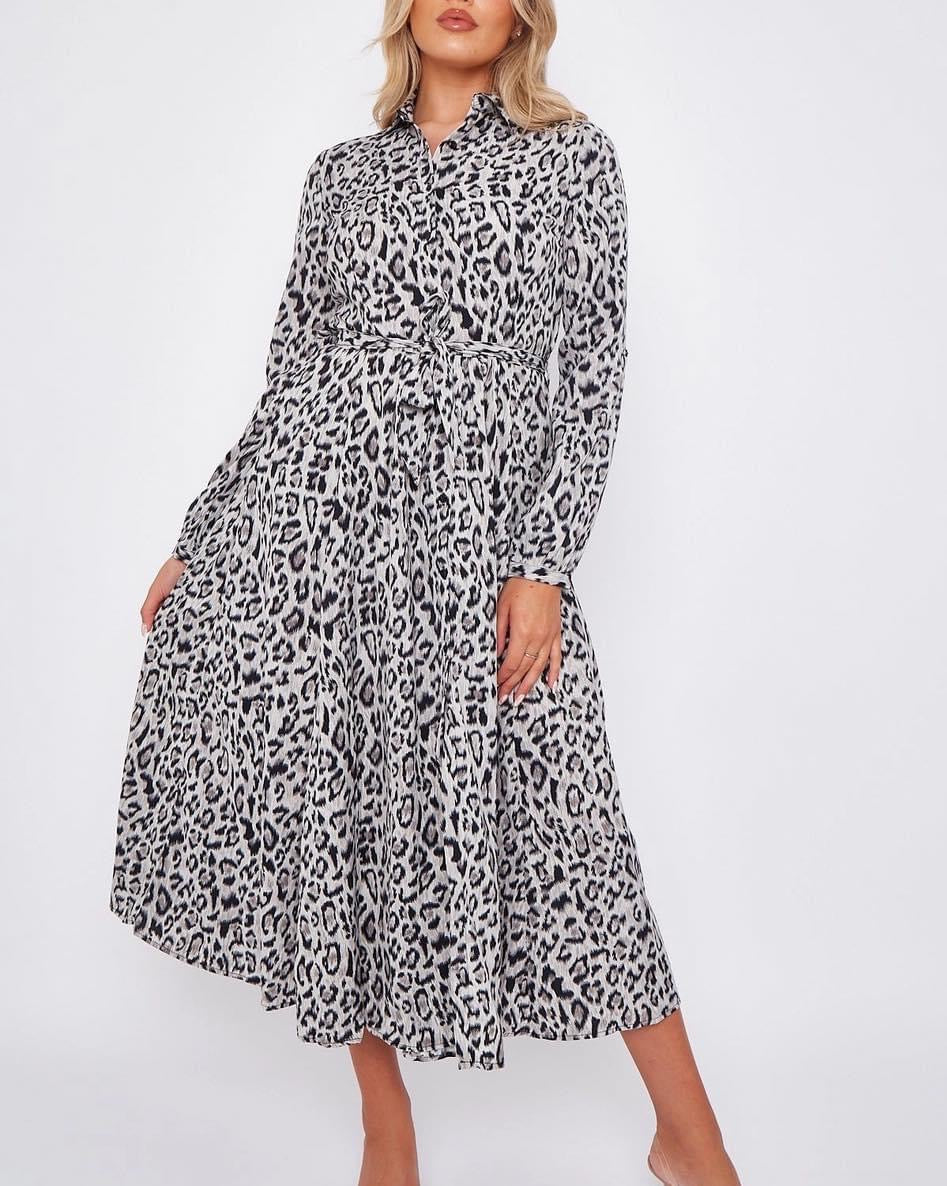 Grey animal print shirt dress