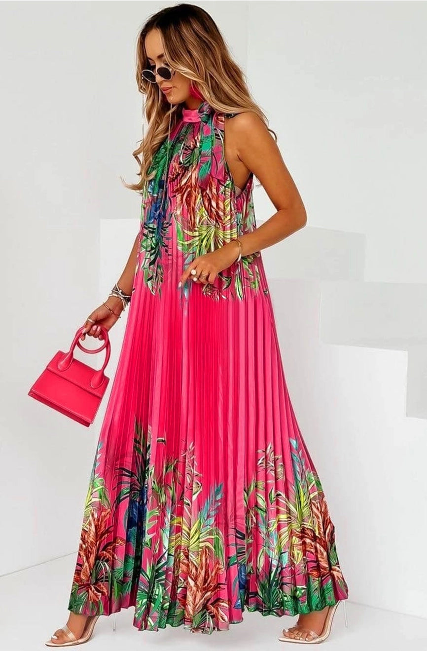 Hot Pink Floral Plisse Maxi Dress