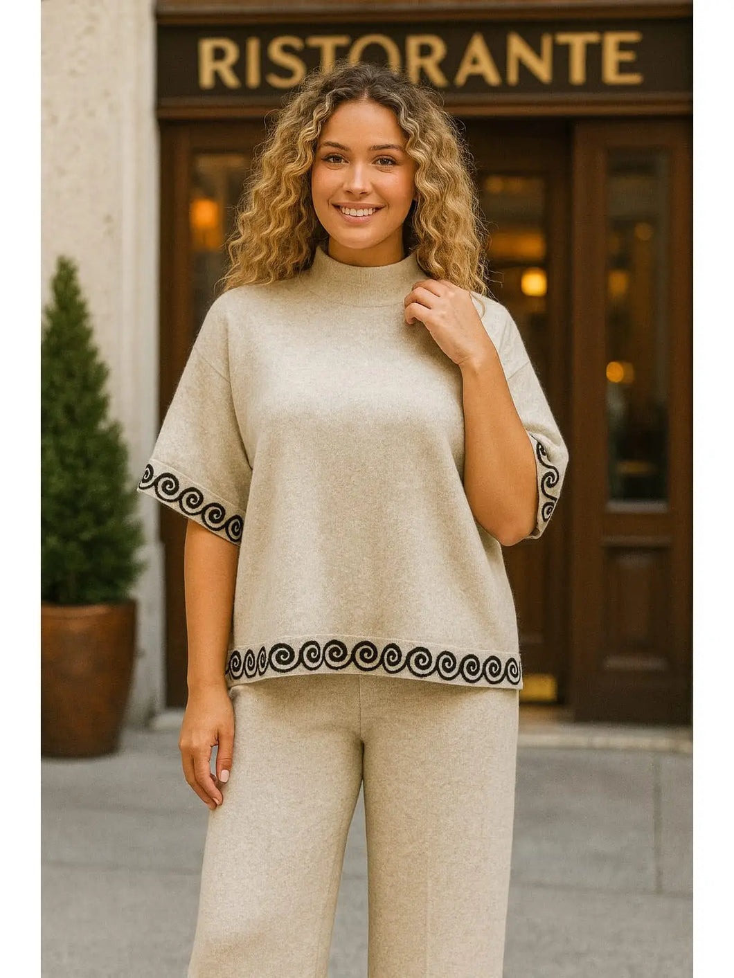 Beige detailed trim jumper